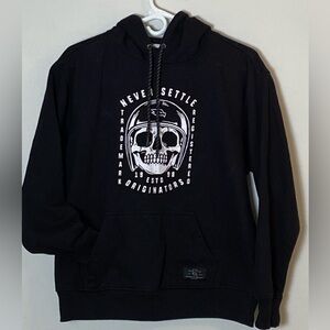 Y2K Tony Hawk Never Settle Black Skull Graphic Hoodie Sweatshirt SIZE MEDIUM